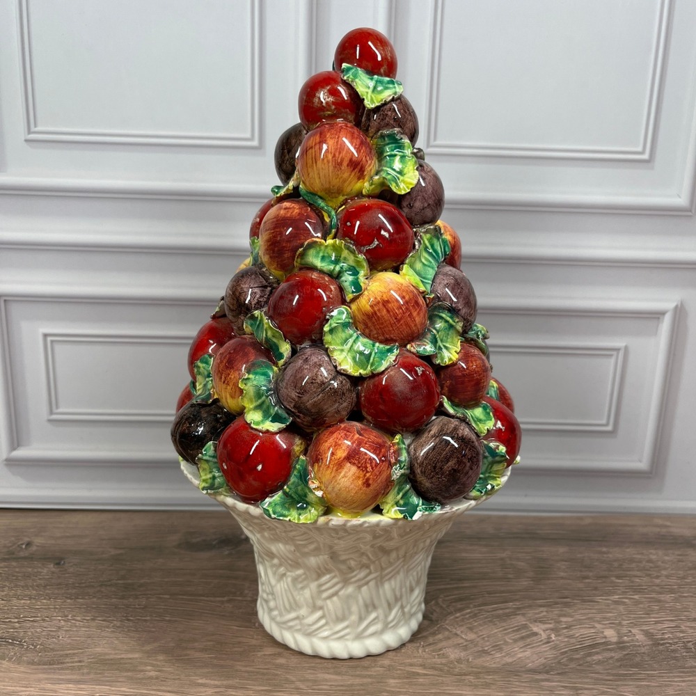 Italy Ceramic Fruit Topiary Centerpiece 10 in Large Red Apple Plum Basketweave